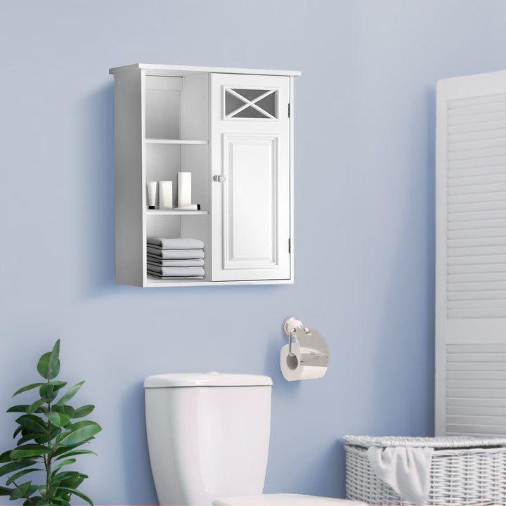  Teamson Home Dawson Removable Wooden Wall Cabinet with Cross Molding, White, on a blue wall over a toilet with toiletries and towels on the open shelves