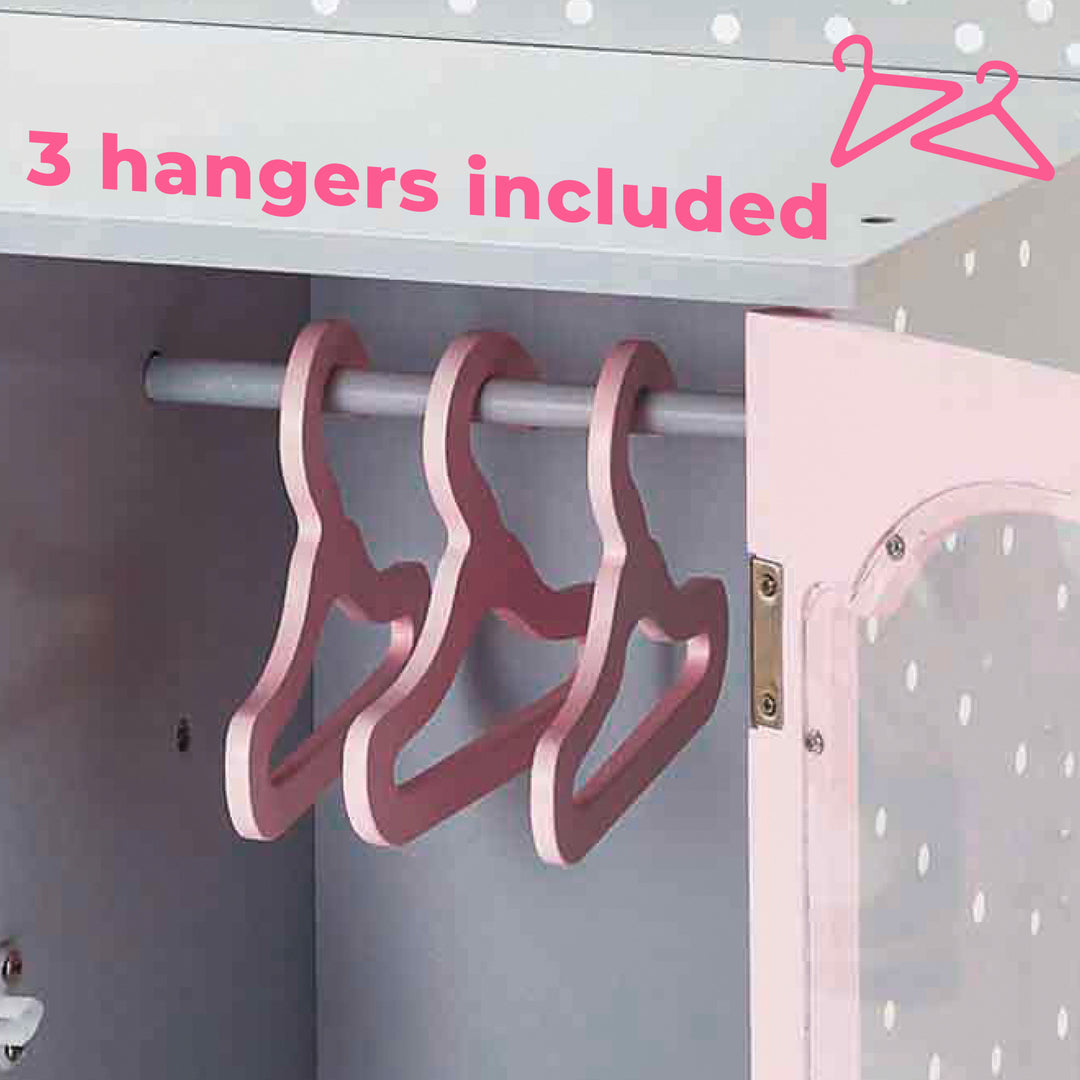 Close up of three pink hangers in the closet with the caption, "3 hangers included" with 2 hanger icons.