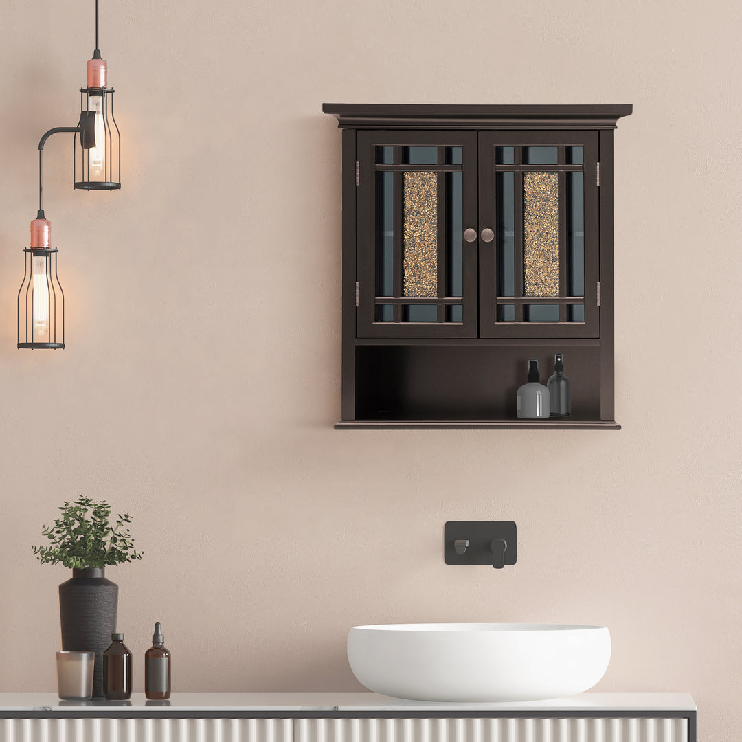 A minimalist bathroom with a Teamson Home Dark Espresso Windsor Removable Wall Cabinet with Glass Mosaic Doors a white sink, and decorative lighting.