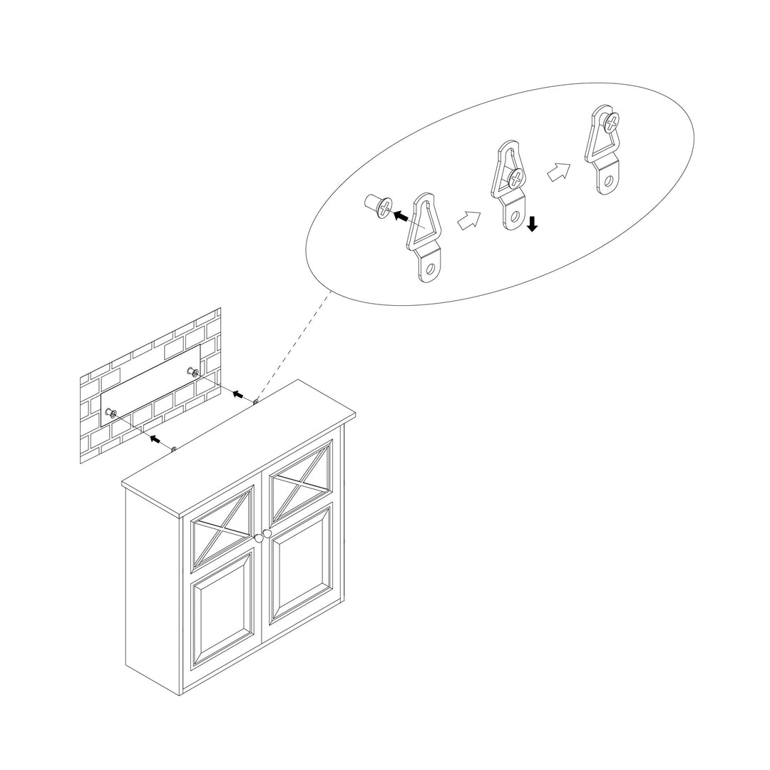 An isometric line drawing illustrating the concept of sound waves traveling from a Teamson Home Dawson Removable Wooden Wall Cabinet with Cross Molding and 2 Doors, White through the air to a person's ear.