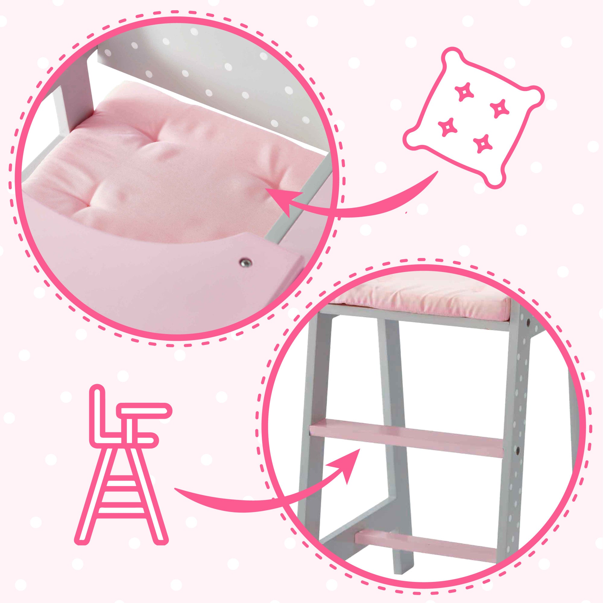 Olivia's Little World Polka Dots Princess Kids Baby Doll High Chair, Gray