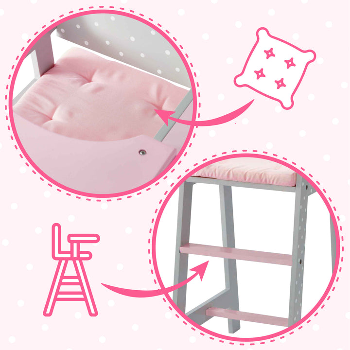 Close-up of the pink cushion on the seat and the ladder rungs on the high chair with icons.