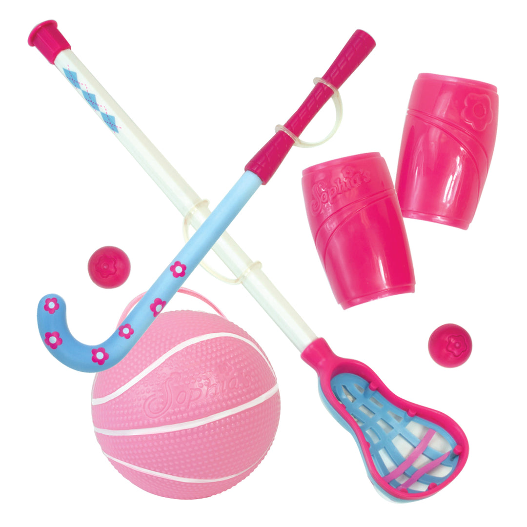 Sophia’s Six-Piece Lacrosse, Field Hockey, & Basketball Sports Equipment Playset for 18” Dolls, Hot Pink
