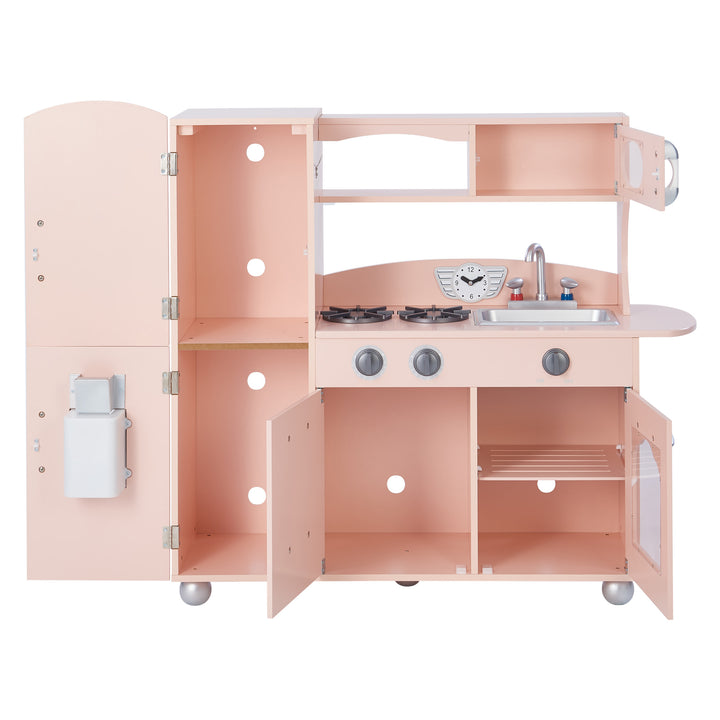 Teamson Kids Little Chef Westchester Retro Play Kitchen, Pink for children with cabinets, stove, sink, and toy telephone in pastel pink with interactive features.