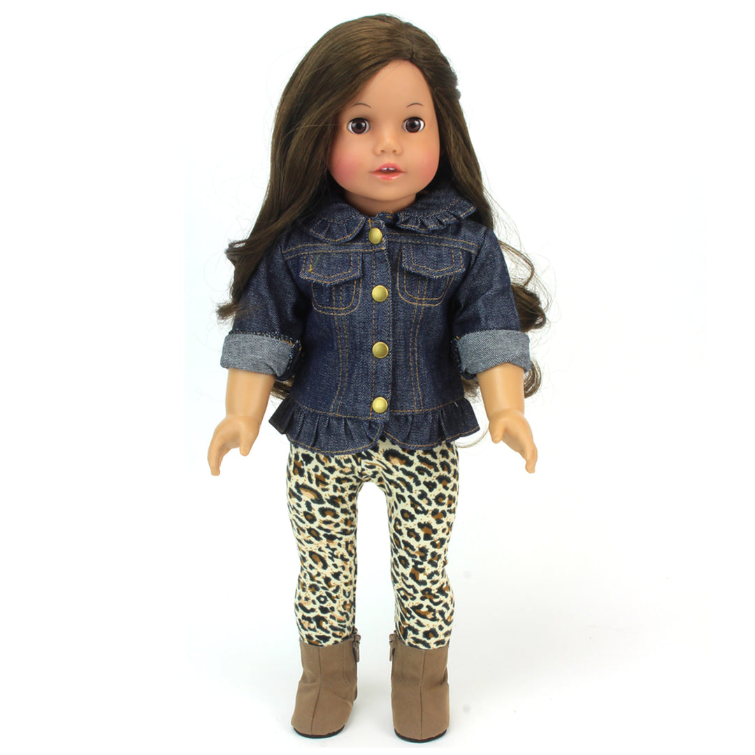 A brunette 18" doll with brown eyes, a ruffled denim jacket, leopard-print leggings and brown boots.