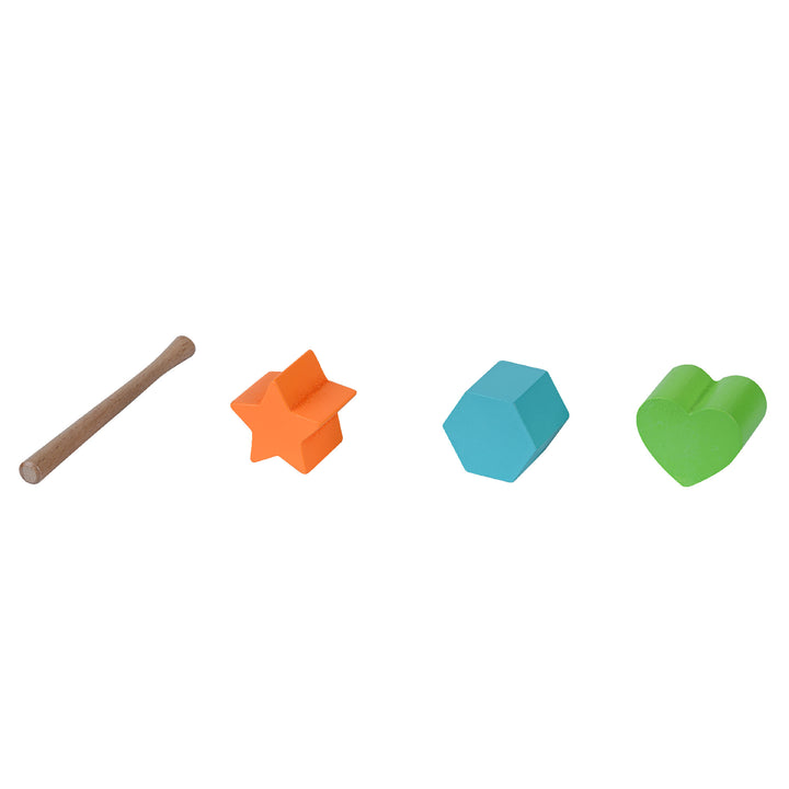 A small mallet for the xylophone, an orange star, an aqua hexagon, and a green heart for the shape sorter.