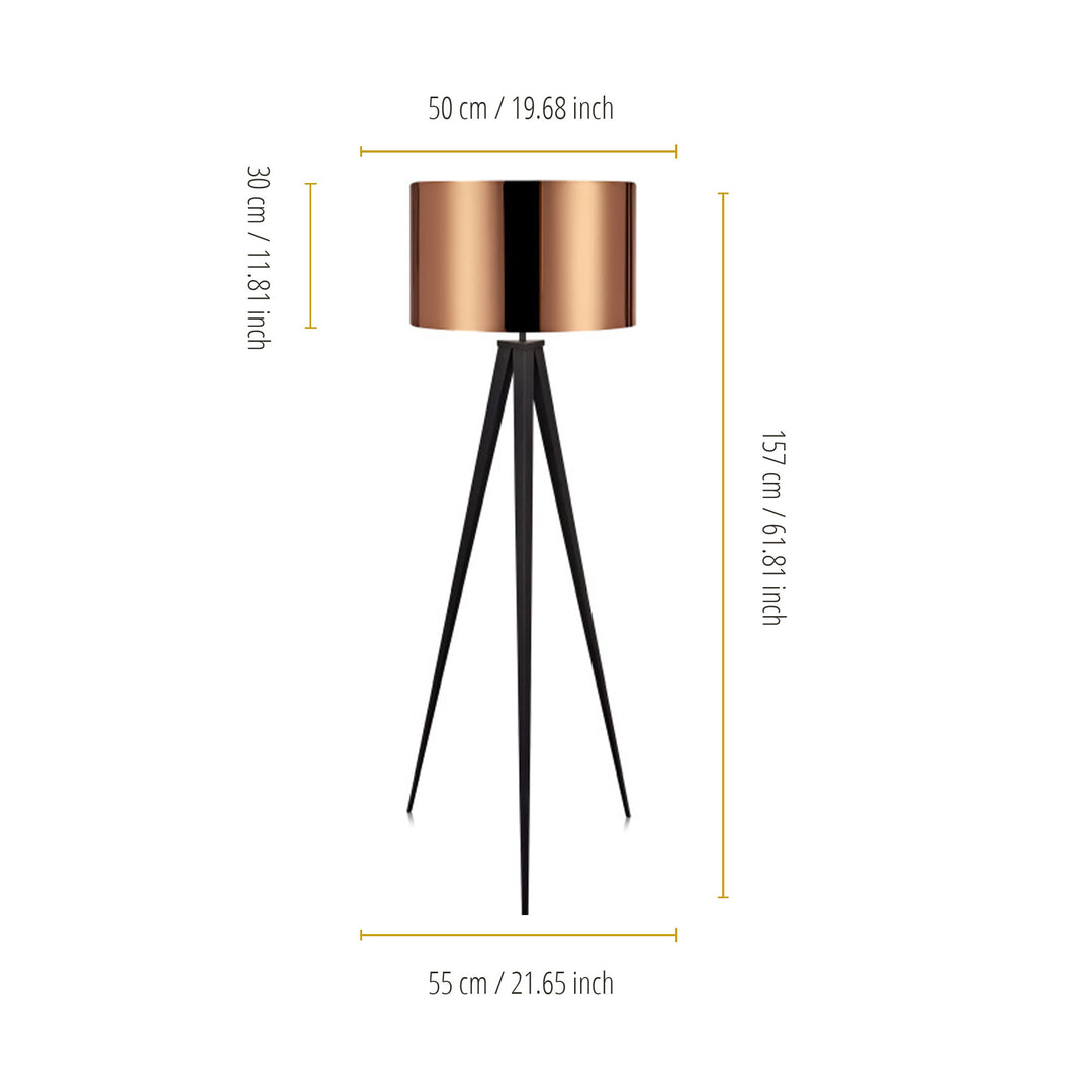 Teamson Home Romanza 60.23" Postmodern Tripod Floor Lamp with Drum Shade, Matte Black/Copper with dimensions in inches and centimeters
