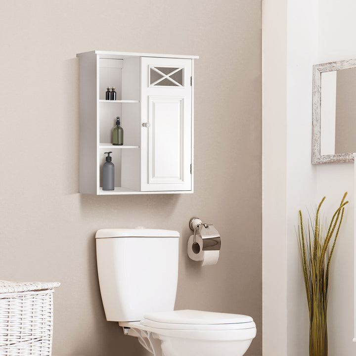 Teamson Home Dawson Removable Wooden Wall Cabinet with Cross Molding, White, over a toilet in a beige bathroom