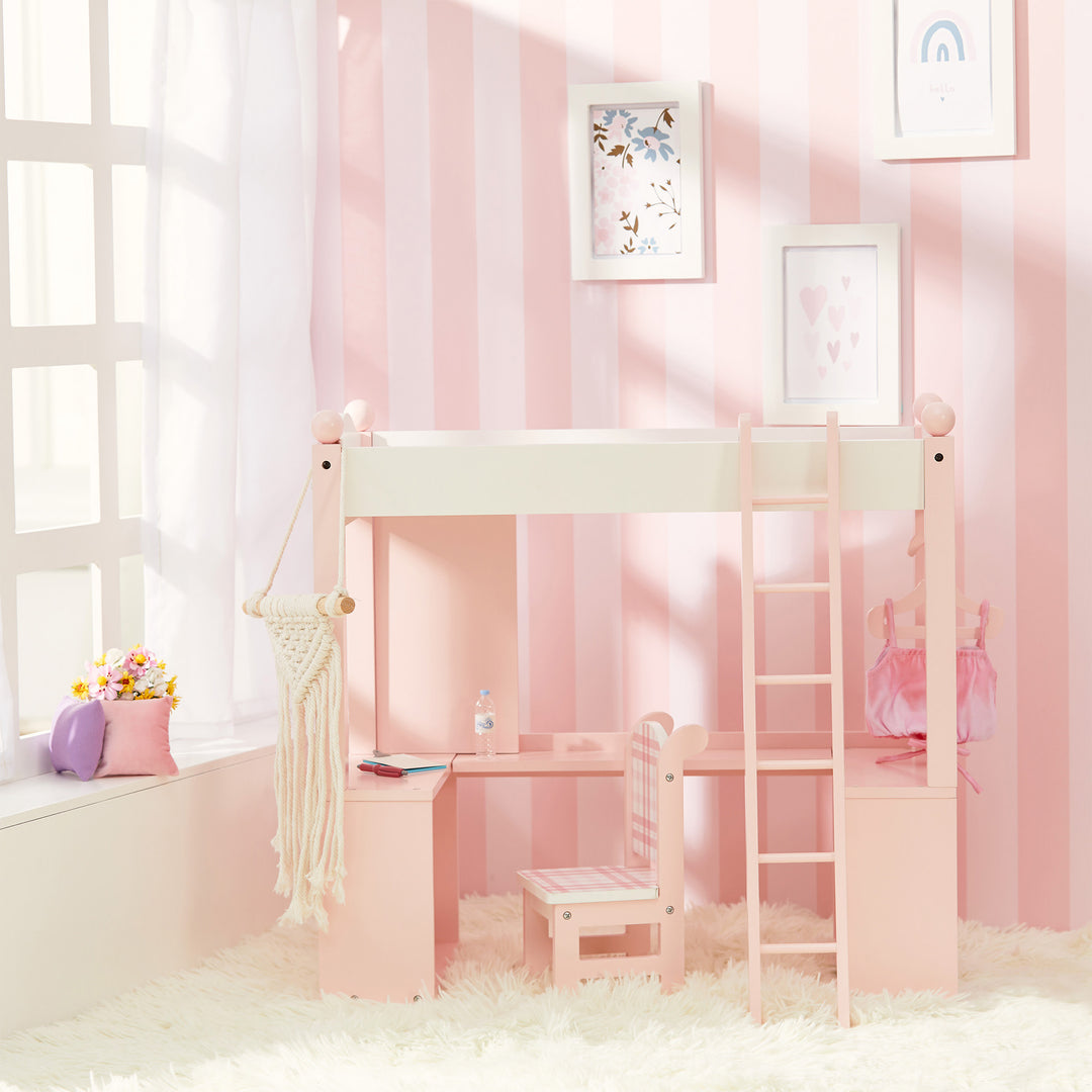 A Sophia's by Teamson Kids loft bed with desk set in a girl's room.
