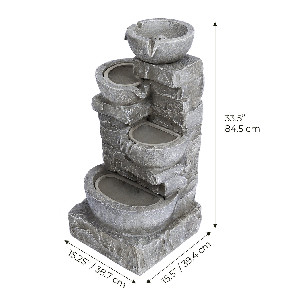 Teamson Home Outdoor Cascading Bowls & Stacked Stone water fountain with the dimensions listed in inches and centimeters