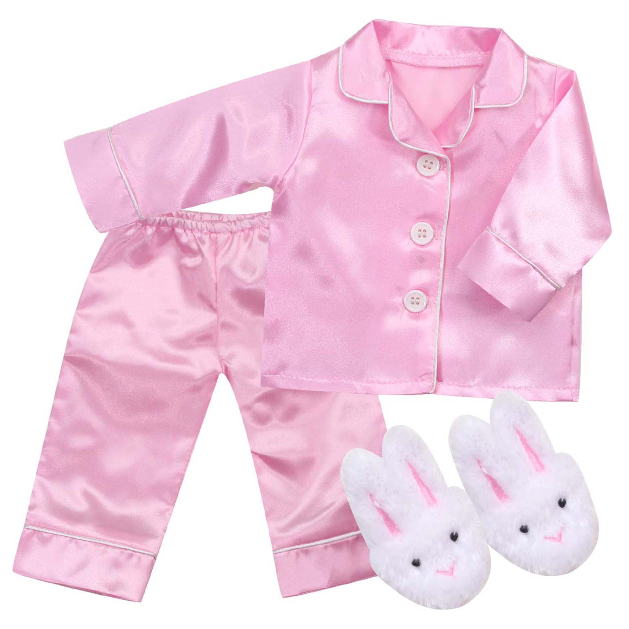 Sophia's Satin Pajama Top & Bottom Plus Bunny Slippers for 18" Dolls, Pink