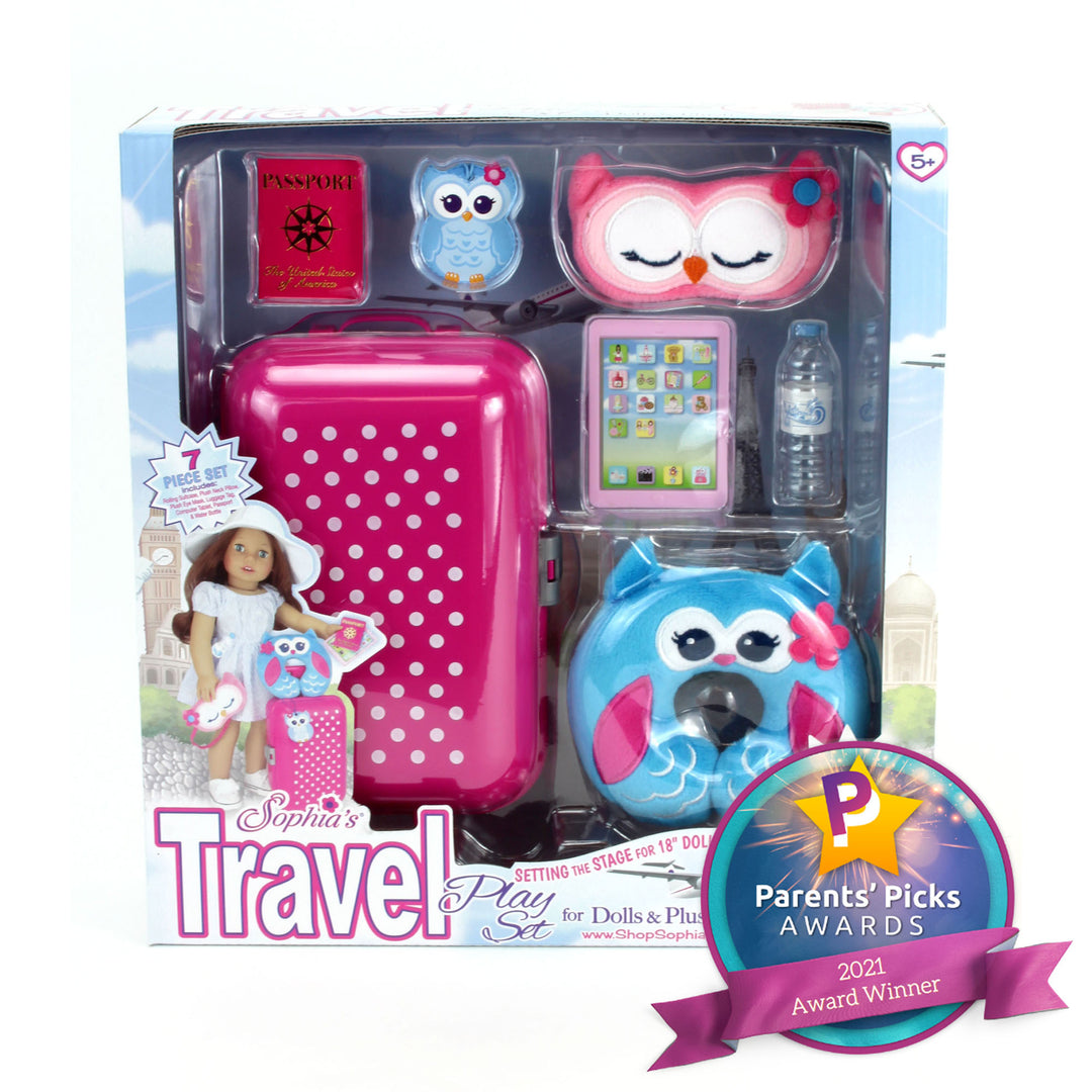A Sophia’s Travel Accessories Plus Suitcase Set for 18" Dolls in a doll travel suitcase with accessories included.