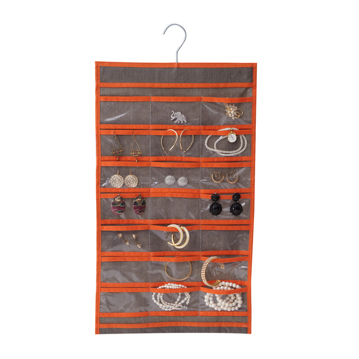 Teamson Home 21-Pocket Hanging Jewelry Organizer, Gray with Orange Trim with metal hook at the top