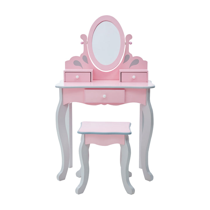 A Teamson Kids Little Princess Rapunzel Vanity Playset in pink and white with a mirror and stool.