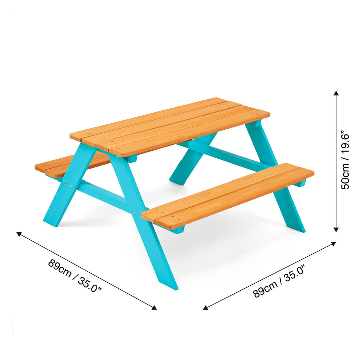 Children's Teamson Kids Child Sized Wooden Outdoor Picnic Table with warm honey and aqua colors, dimensions provided in centimeters and inches.