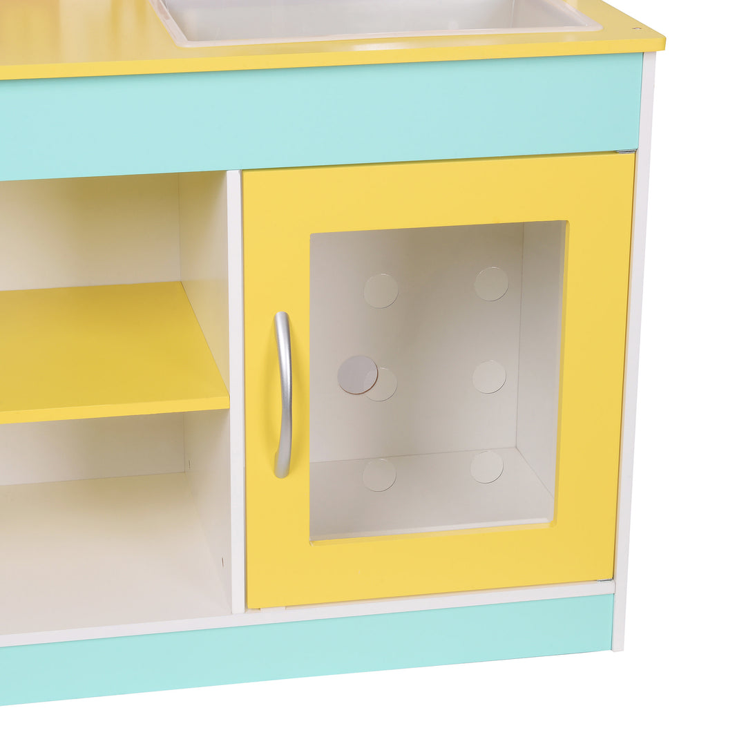 Close up of the cabinet door in yellow green with clear door. 