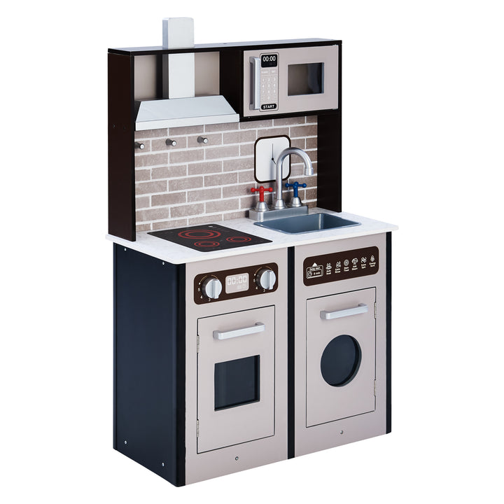 Teamson Kids Little Chef Burgundy Classic Play Kitchen, Expresso/Black playset with modern appliance designs and realistic details.