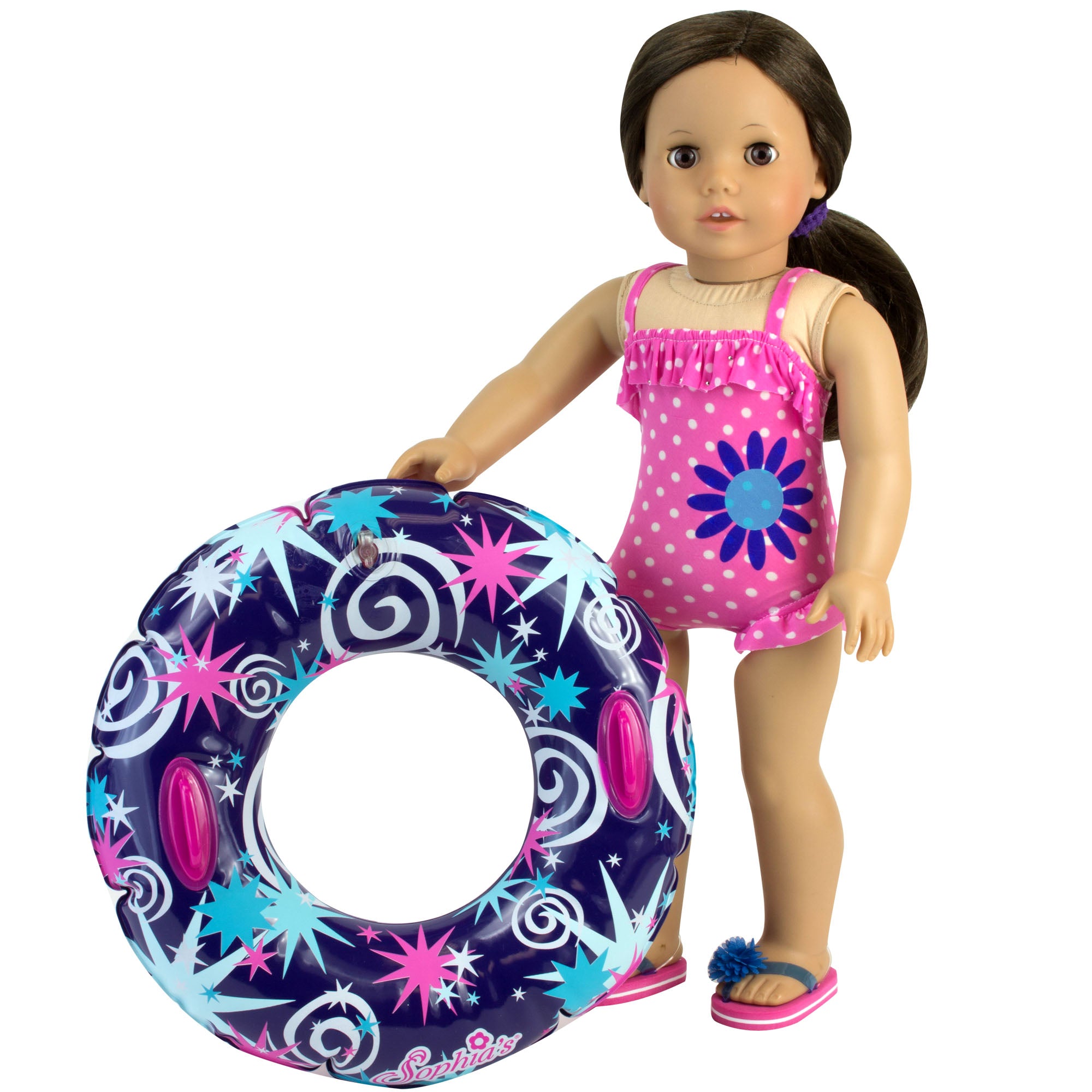 Sophia’s Ruffle Polka Dot One-Piece Bathing Suit & Included Inflatable Inner Tube Summer Pool Play Set for 18” Dolls, Hot Pink