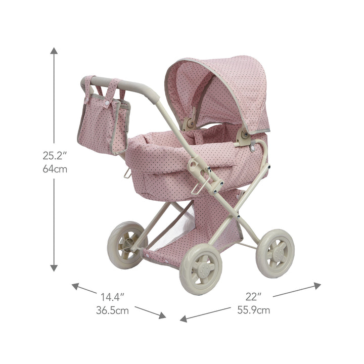 A Olivia's Little World Polka Dots Princess Deluxe Baby Doll Stroller, Pink with dimensions in inches and centimeters.