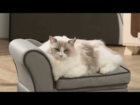 A video illustrating the features of a  a gray chaise lounge pet bed for cats or small dogs.