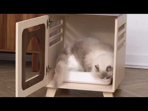 A video illustrating the features of the Elyse Elevated Vented Wooded Cat Litter Boyx Enclosure Side Table.