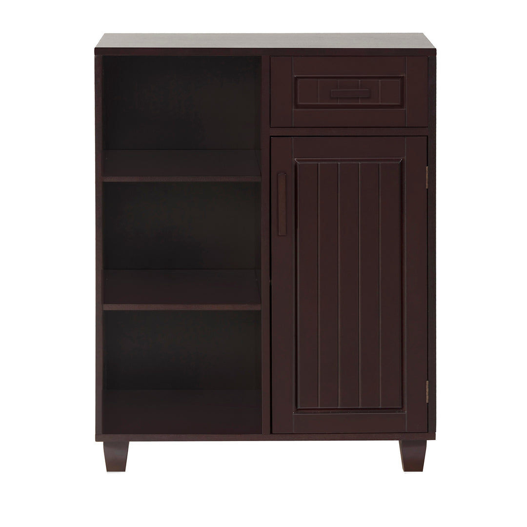 A Teamson Home Catalina single door free standing cabinet with open shelves on one side, and a cabinet and storage drawer on the other, Espresso
