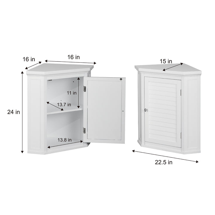 A Teamson Home White Glancy Corner Wall Cabinet with Louvered Door open and one closed, both with dimensions in inches 