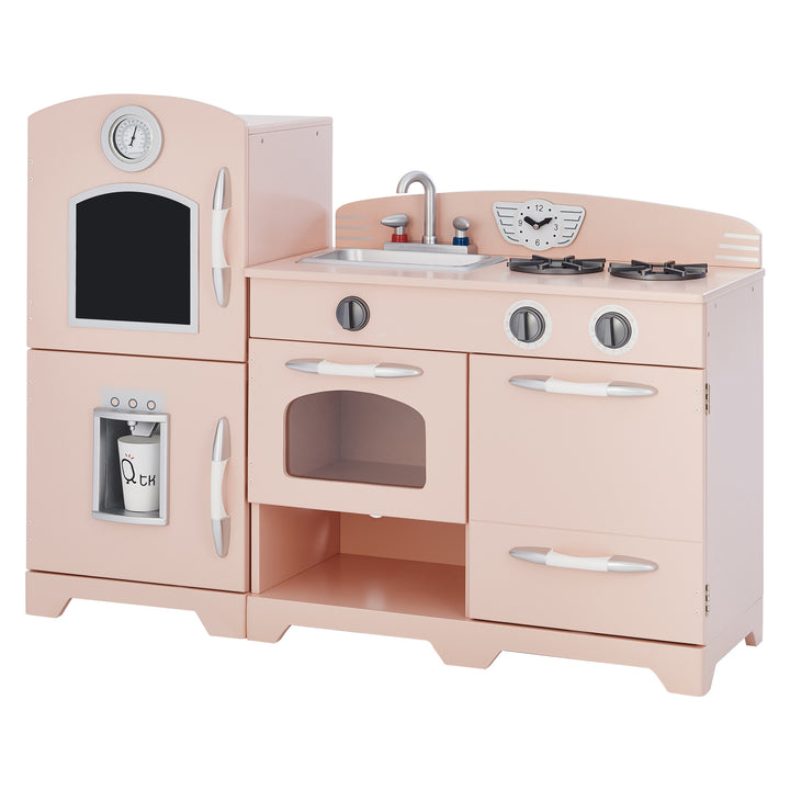 A Teamson Kids Little Chef Fairfield Retro Kids Kitchen Playset with Refrigerator, with a stove, sink, oven, and microwave in pink color.
