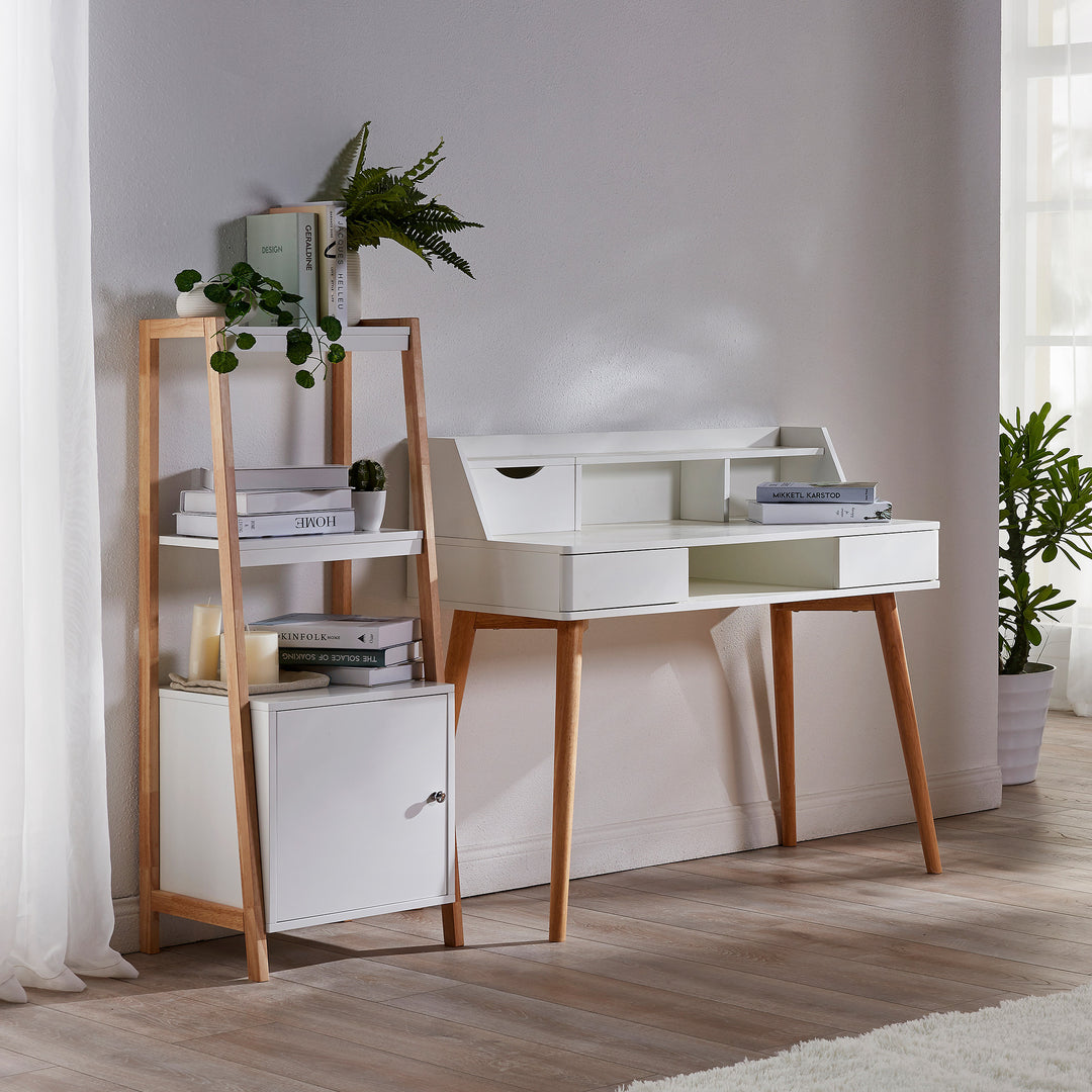 Teamson Home's Creativo White Writing Desk with storage and Natural tapered legs against a gray wall
