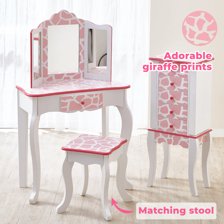 A Fantasy Fields Gisele Giraffe Prints Play Vanity Set, Pink/White callout for the giraffe print and matching stool.