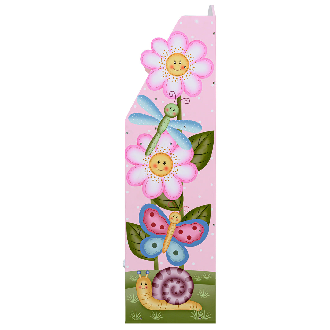 A Fantasy Fields Magic Garden Kids 3-Tier Wooden Bookshelf with Storage, Multicolor wall hanging with butterflies, flowers, and a dragonfly for kids.