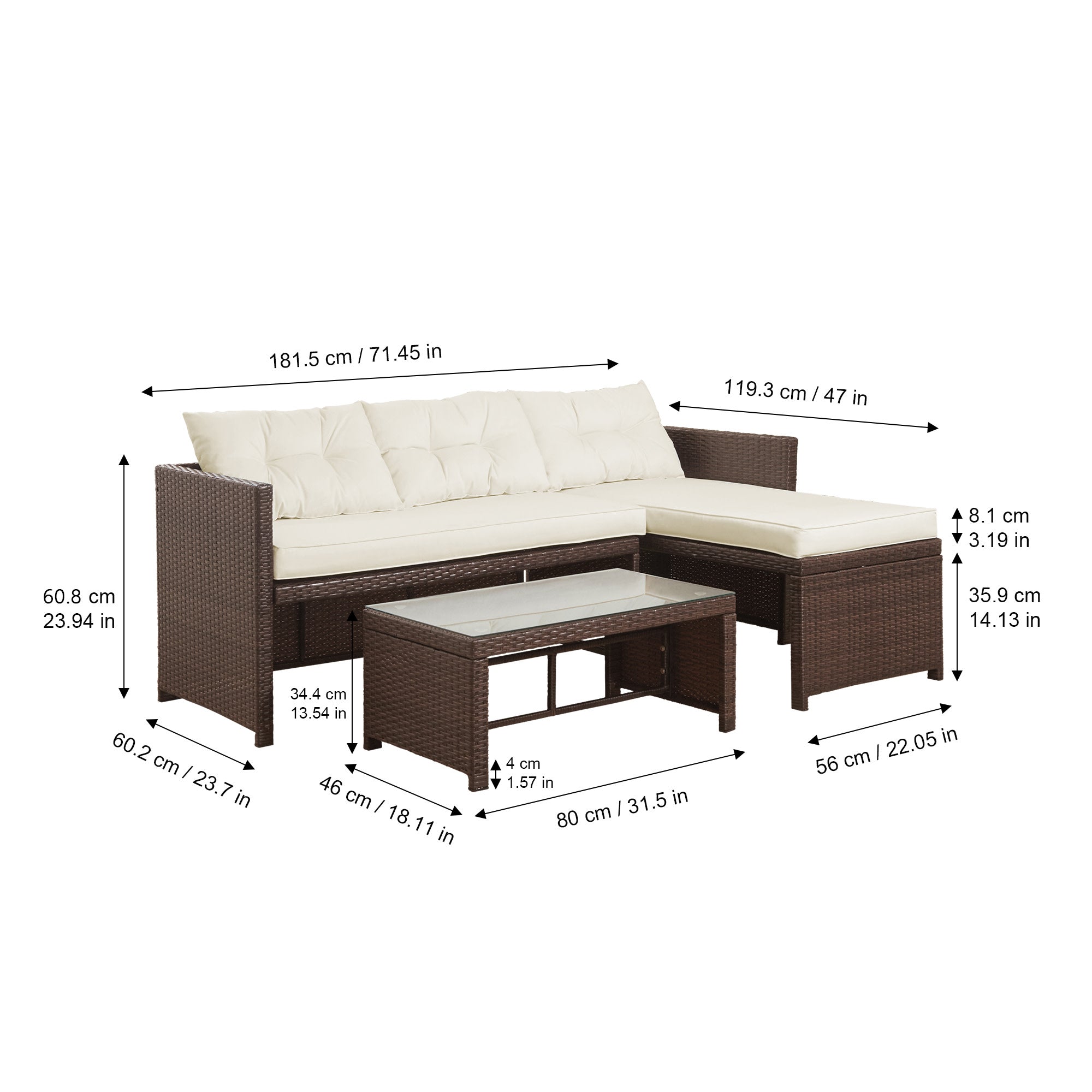 Teamson Home Outdoor 3-Piece Rattan Patio Sectional Set with Loveseat, Chaise Lounge and Coffee Table, Brown/White