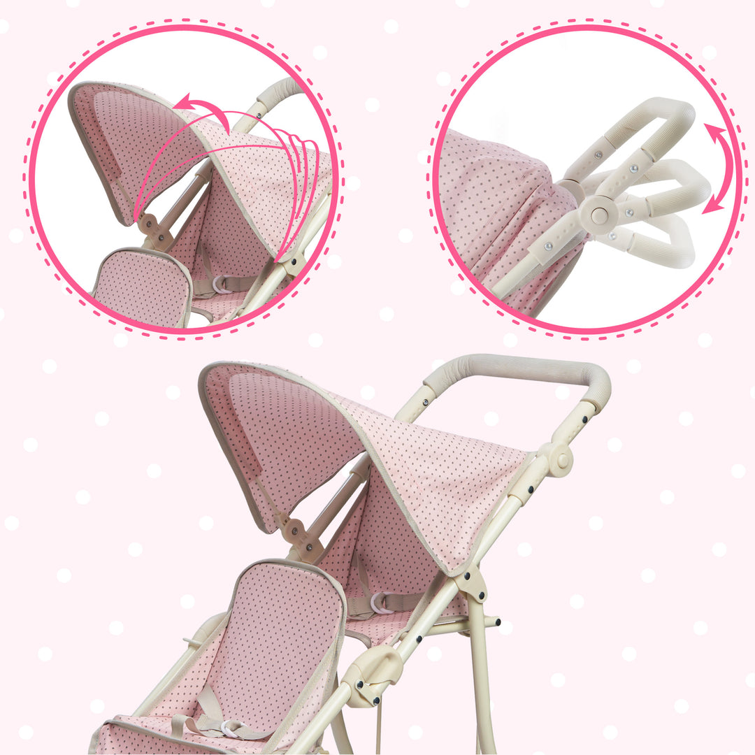 Callout illustrations of the retractable canopy and adjustable handle above a top view of the tandem baby doll jogging stroller.