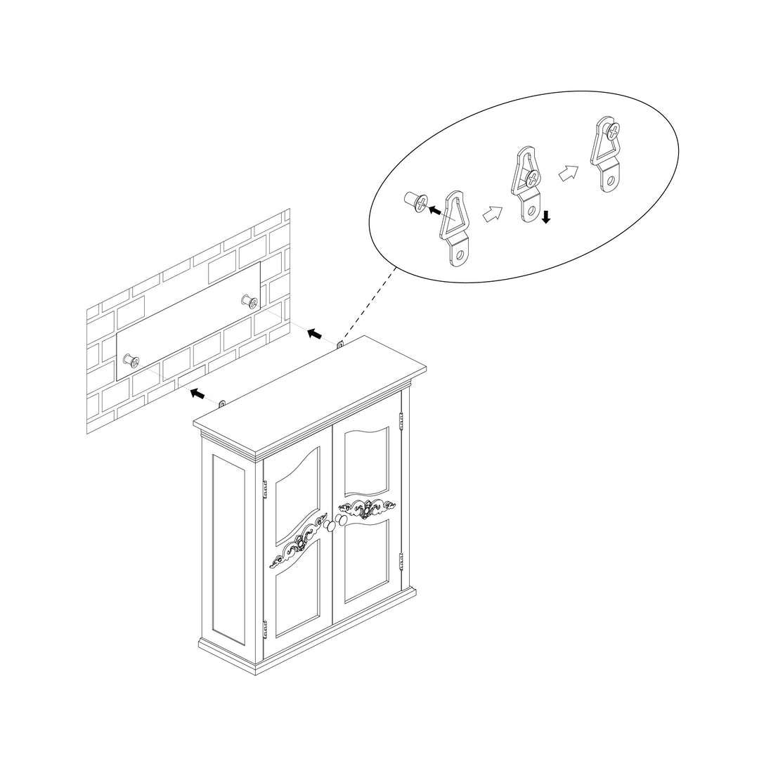 An illustration demonstrating the assembly of a Teamson Home Versailles Wooden Wall Cabinet with 2 Shelves, White door with hardware being attached to it.