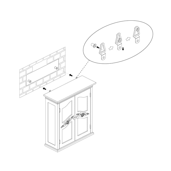 An illustration demonstrating the assembly of a Teamson Home Versailles Wooden Wall Cabinet with 2 Shelves, White door with hardware being attached to it.