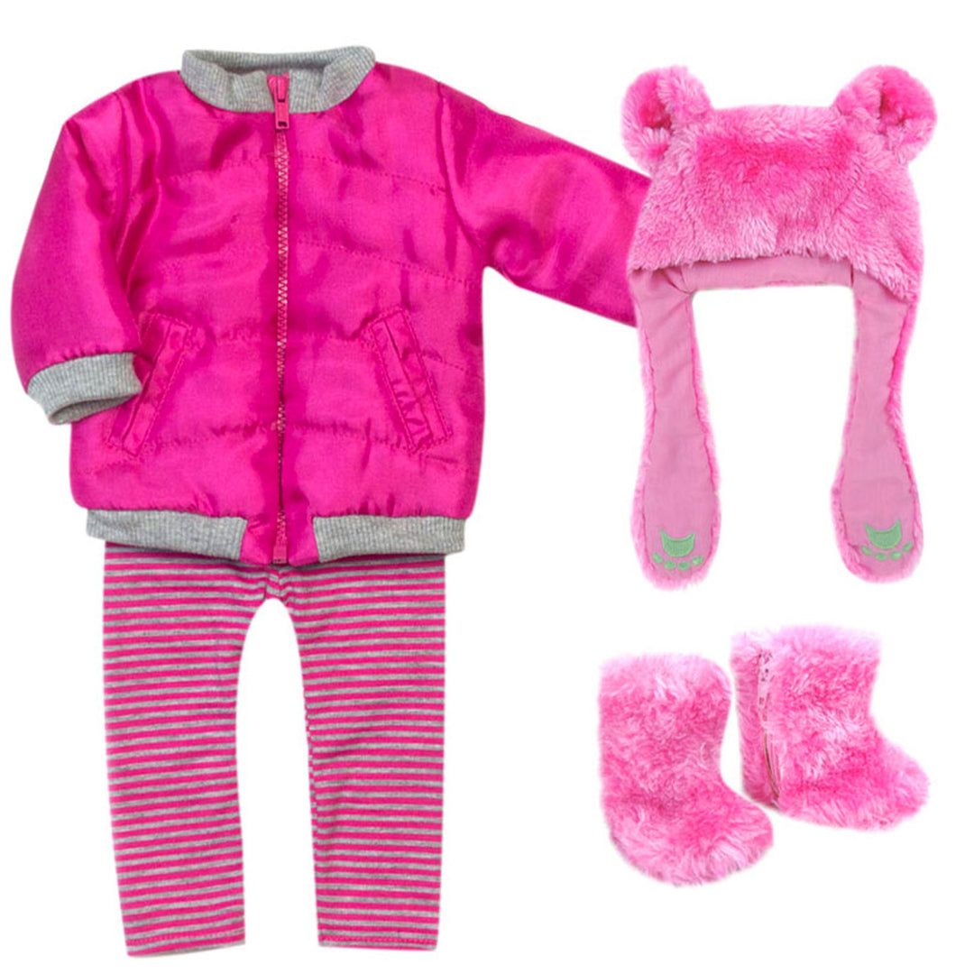 Sophia's 4 Piece Winter Outfit with Bear faux fur Hat Set for 18'' Dolls, Hot Pink