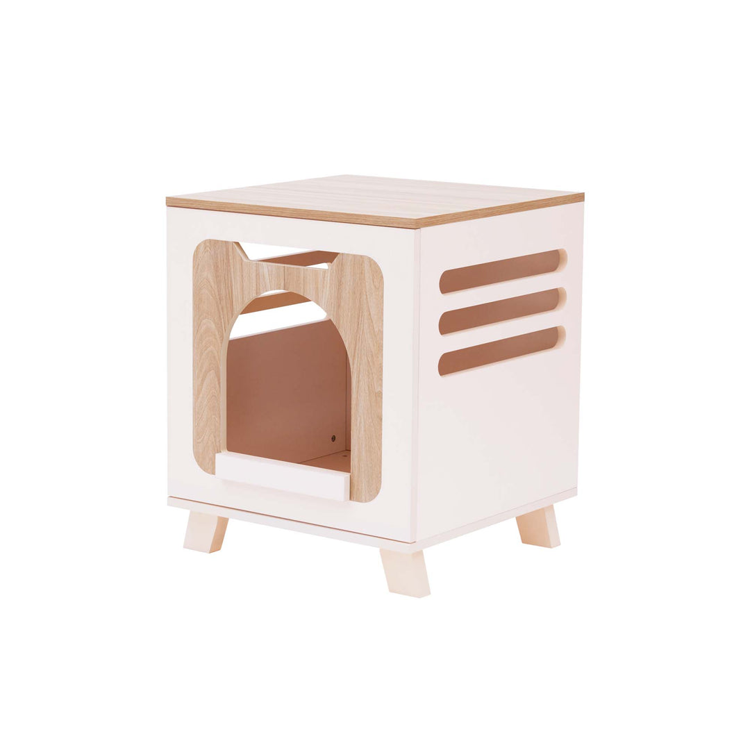 Teamson Pets Elyse Elevated Vented Wooden Cat Litter Box Enclosure Side Table, Tan and White