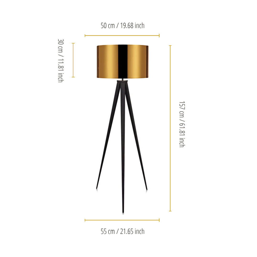 A diagram showing the dimensions n inches and centimeters of a Teamson Home Romanza 60" Postmodern Tripod Floor Lamp with Drum Shade, Matte Black/Gold.