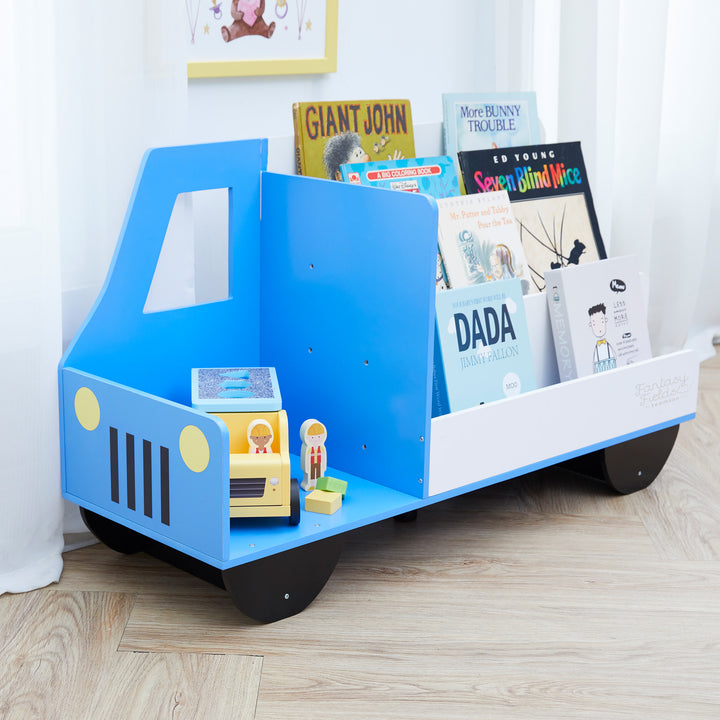 Fantasy Fields  Truck Wooden Display Bookcase, White/Blue, with books on display and a toy truck.