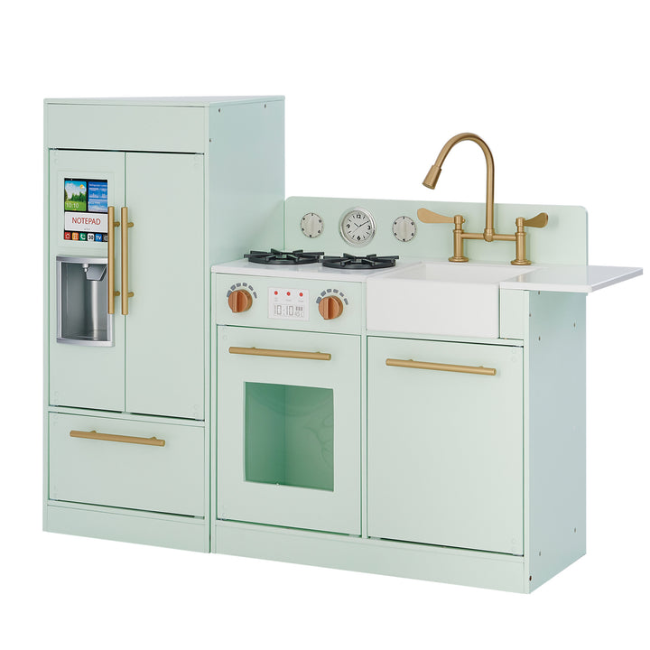 Teamson Kids Little Chef Charlotte Modern Play Kitchen in Mint/Gold with interactive features, accessories, and pretend appliances.