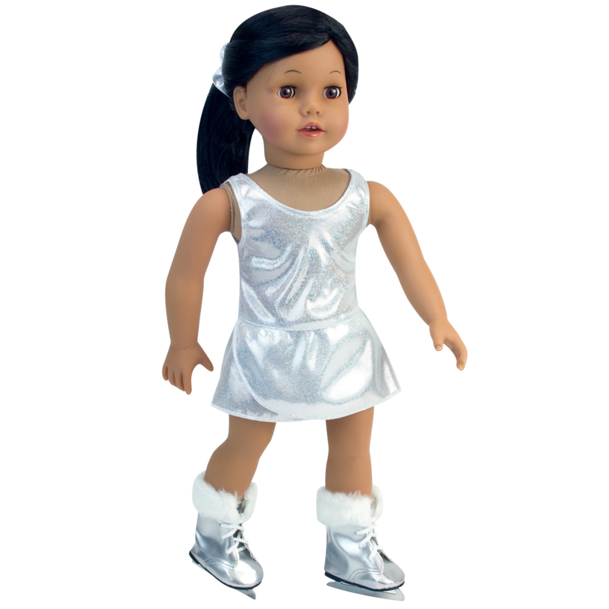 Sophia’s Sparkly Ice-Skating Gown, Hair Scrunchy, and Faux faux fur-Trimmed Ice Skates Complete Costume Set for 18” Dolls, Silver