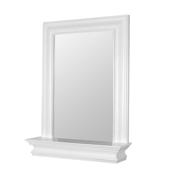 A Teamson Home Stratford Wall Mirror with Shelf, White, viewed from the side.