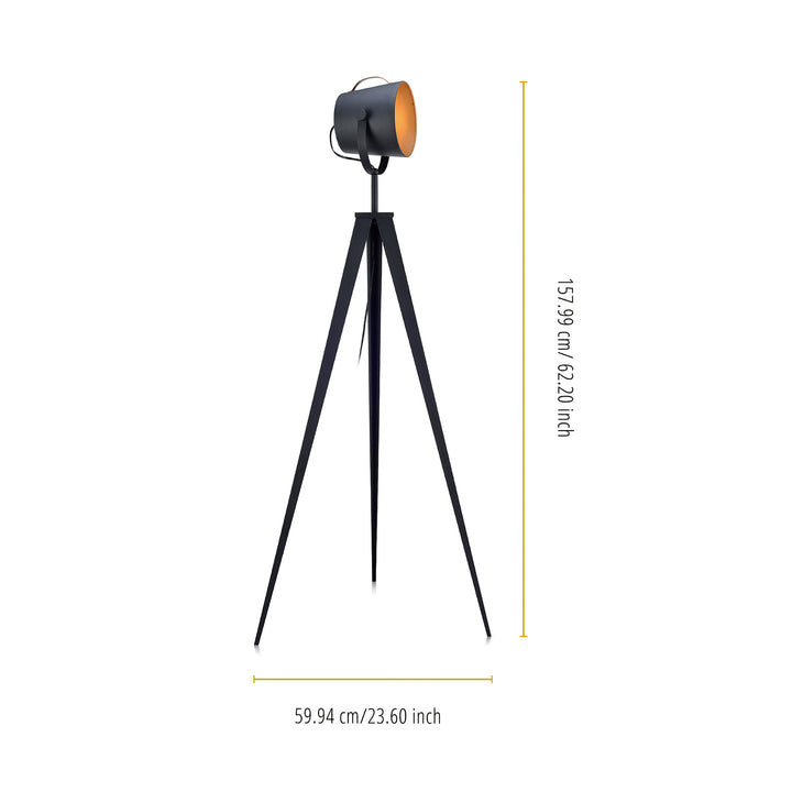 Dimensions in inches and centimeters for a Teamson Home Artiste 62" Modern Spotlight Tripod Floor Lamp, Black with Gold Interior