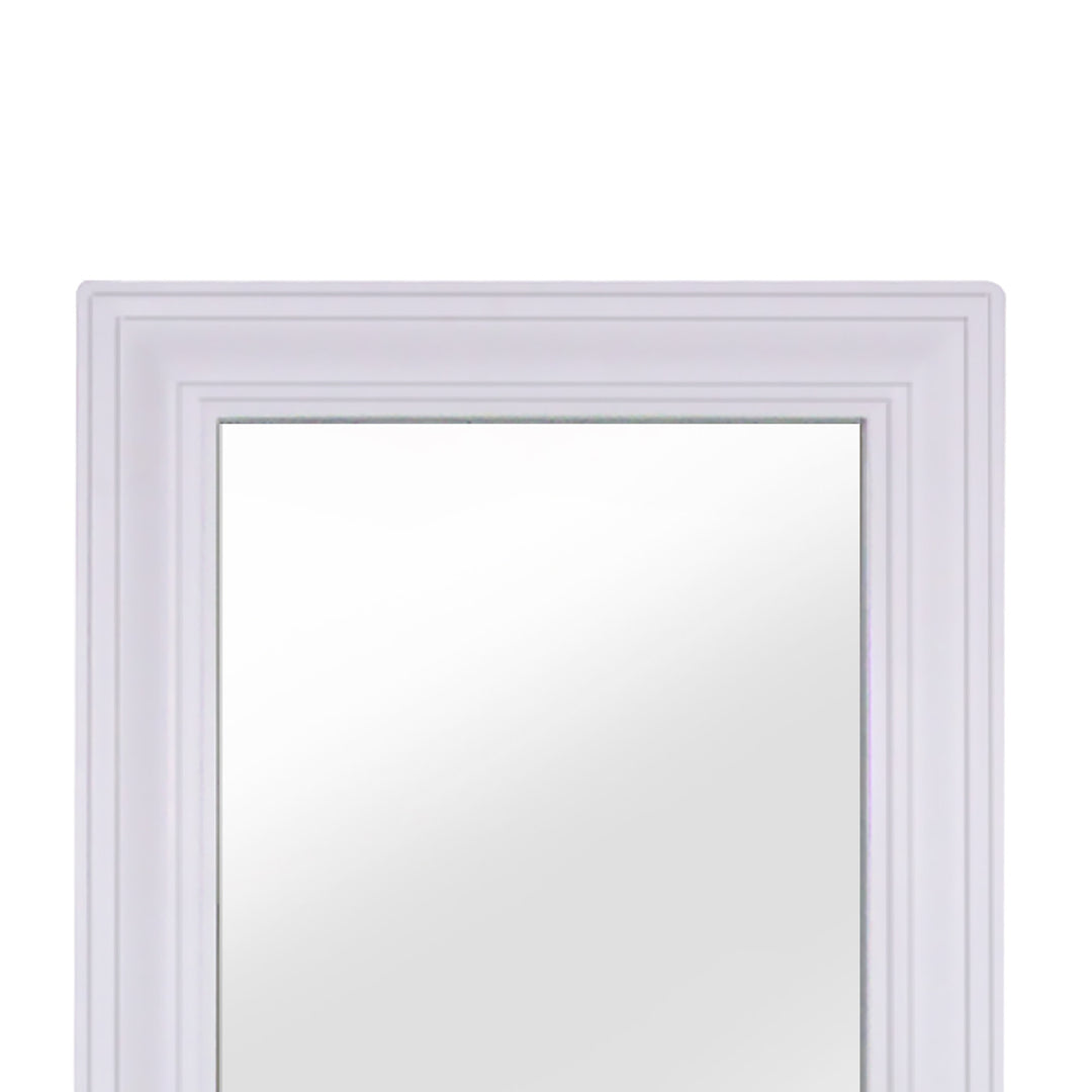 A white Stratford Wall Mirror with Shelf with beveled details.