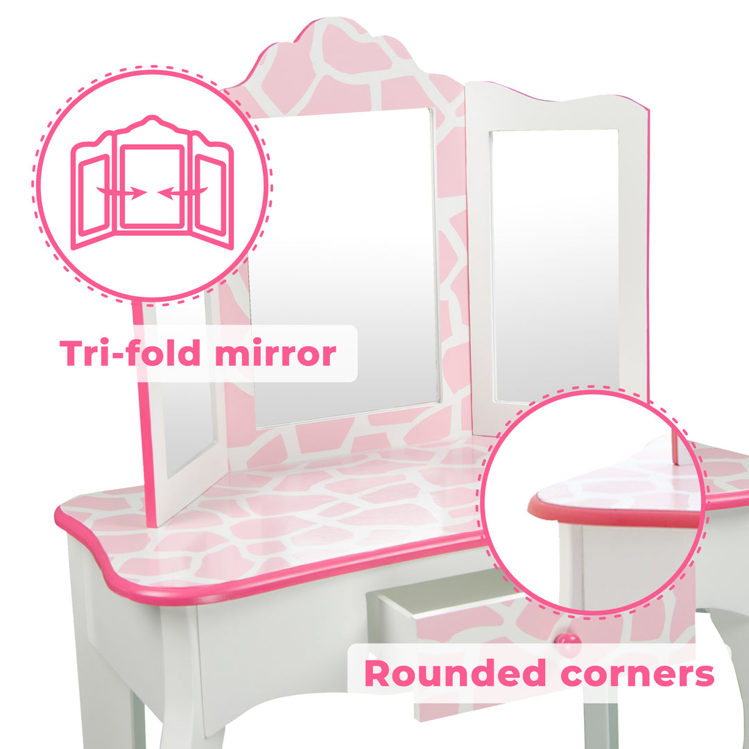 A Fantasy Fields Gisele Giraffe Prints Play Vanity Set in pink with a mirror with callouts for the TriFold Mirror and Rounded Corners