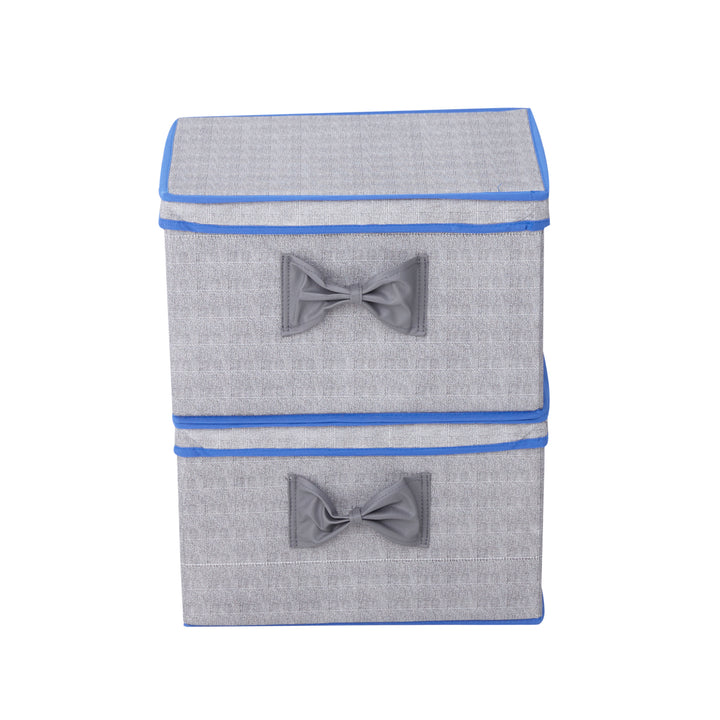 Teamson Home Fabric Storage Cubes with Lids, Gray with Blue Trim, stacked on top of each other