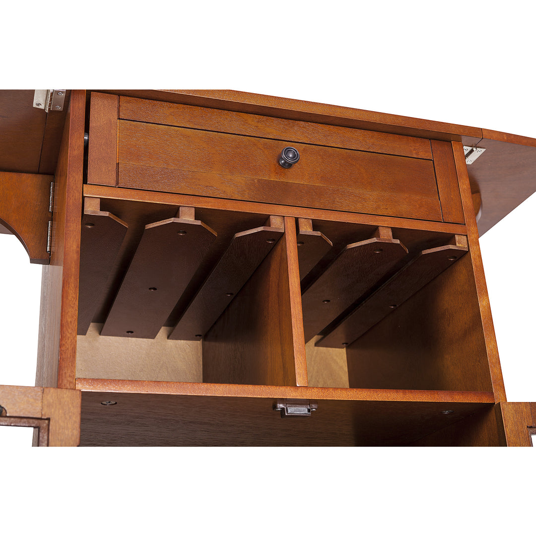 Teamson Home Peoria Wine Cabinet, Brown with open drawers and compartments, showcasing storage features.