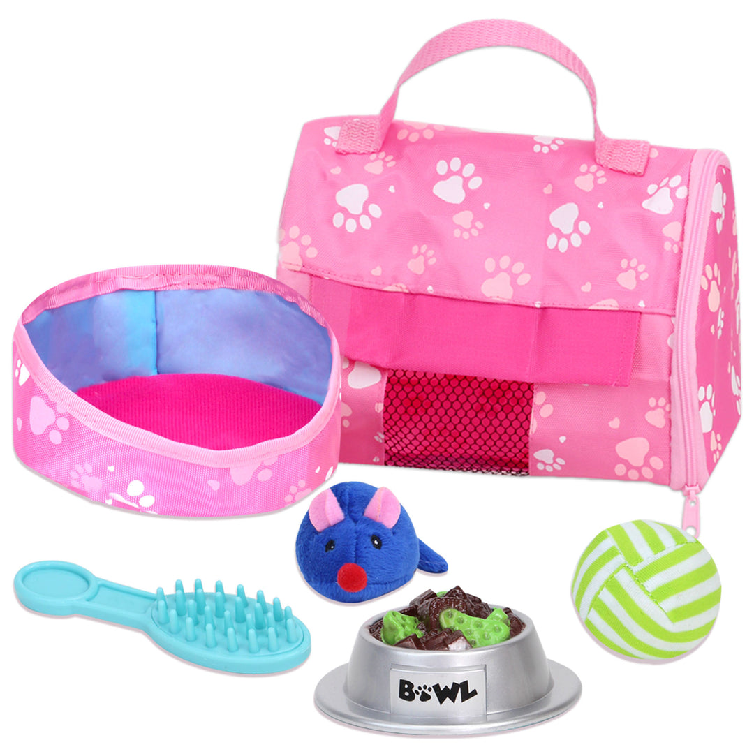 A pink carrier with a dog bed and Sophia's White Plush Kitty Cat and Accessories Set for 18" Dolls.