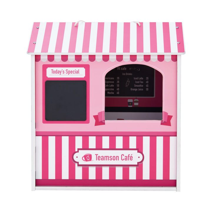 A pink and white coffee shop with a chalkboard sign and Olivia's Little World Dreamland City Café Dollhouse, Pink accessories.