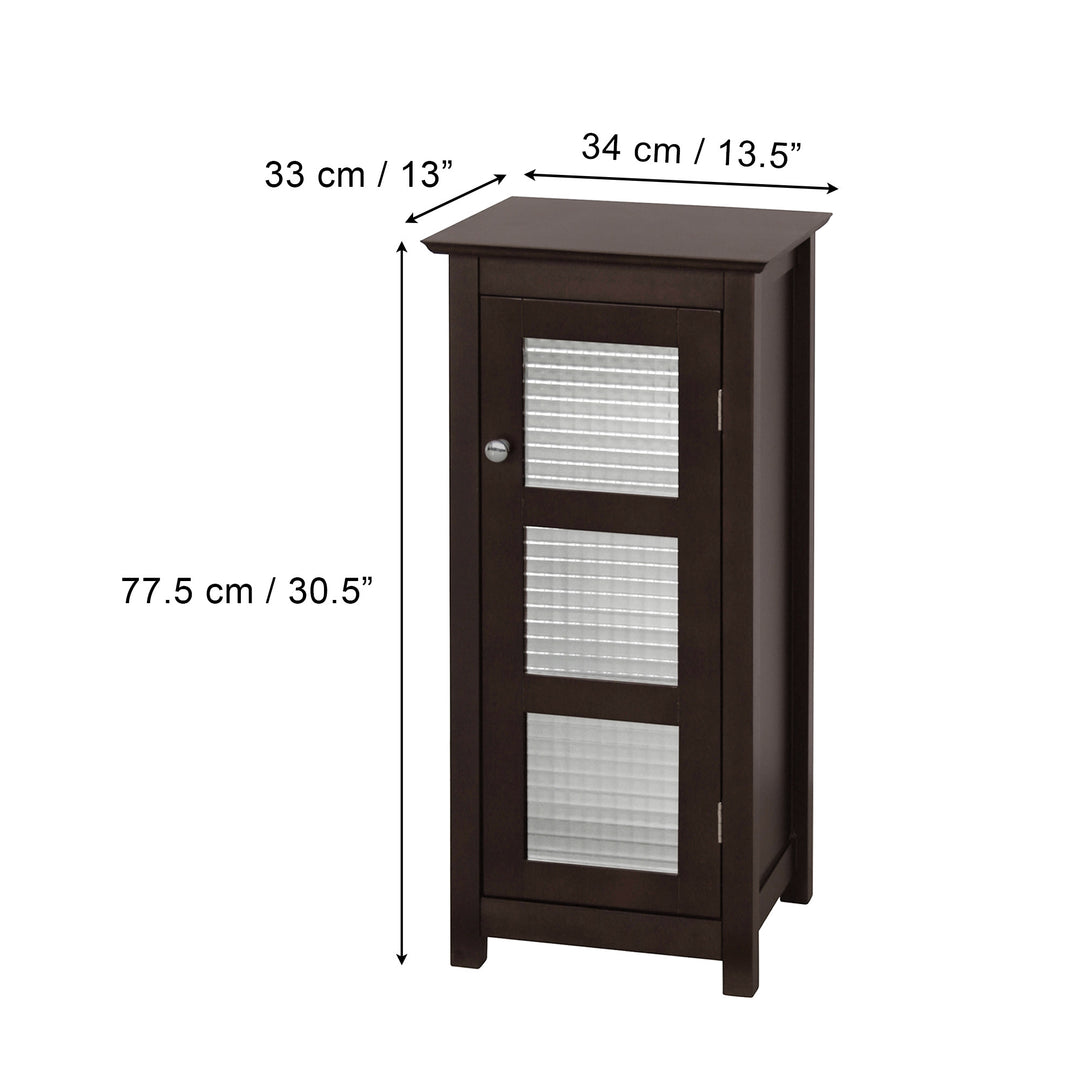 A Teamson Home Chesterfield Wooden Floor Cabinet with Waffle Glass Door, Espresso with adjustable storage and measurements in inches and centimeters.